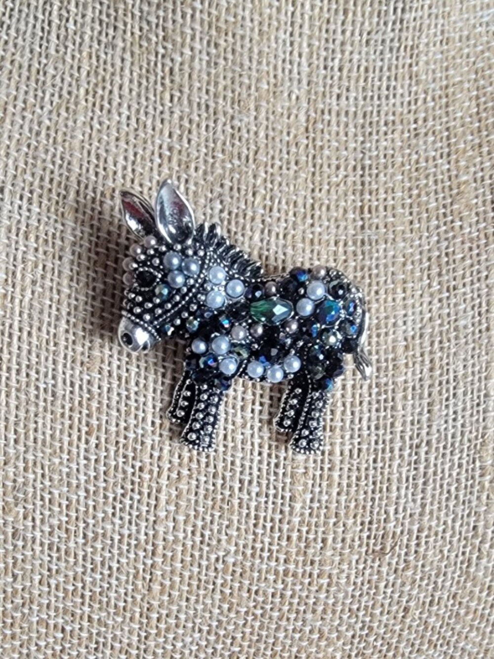 Encrusted Gems on Silver Tone Donkey Brooch